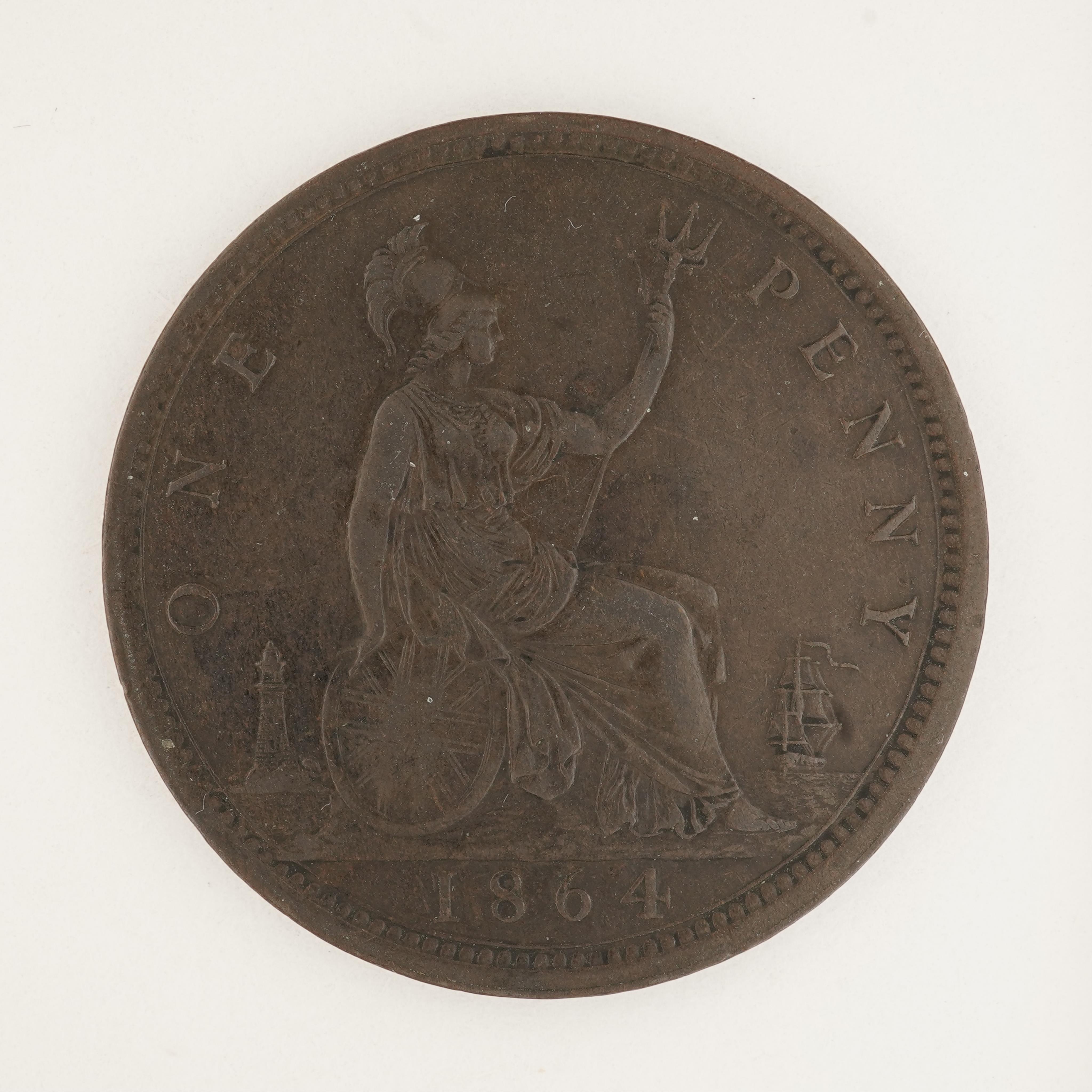 British coins, Victoria, bronze penny, 1864, T-bar tail on 4, Fr. 48, Gouby dies J/g, tiny patch of corrosion to face of Victoria otherwise VF, dark toned, scarce